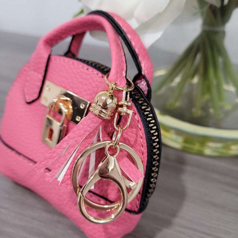 ❤️ Cute Mini Faux Leather Coin Purse Keychain Bag Charm w/ Zipper Hot Pink - Picture 4 of 5